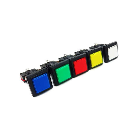 Austin Amusements has square LED arcade buttons in red, yellow, blue, green and clear. 