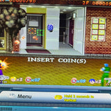 A screenshot from a retro video game showing a coin-operated kiosk or ATM-like machine on a street corner, with on-screen text reading 'INSERT COIN(S)' and game interface elements including a menu bar and status icons.