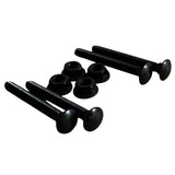 Six black metal slotted screws with round flat heads and matching black plastic or coated countersunk washers, arranged on a plain white background.